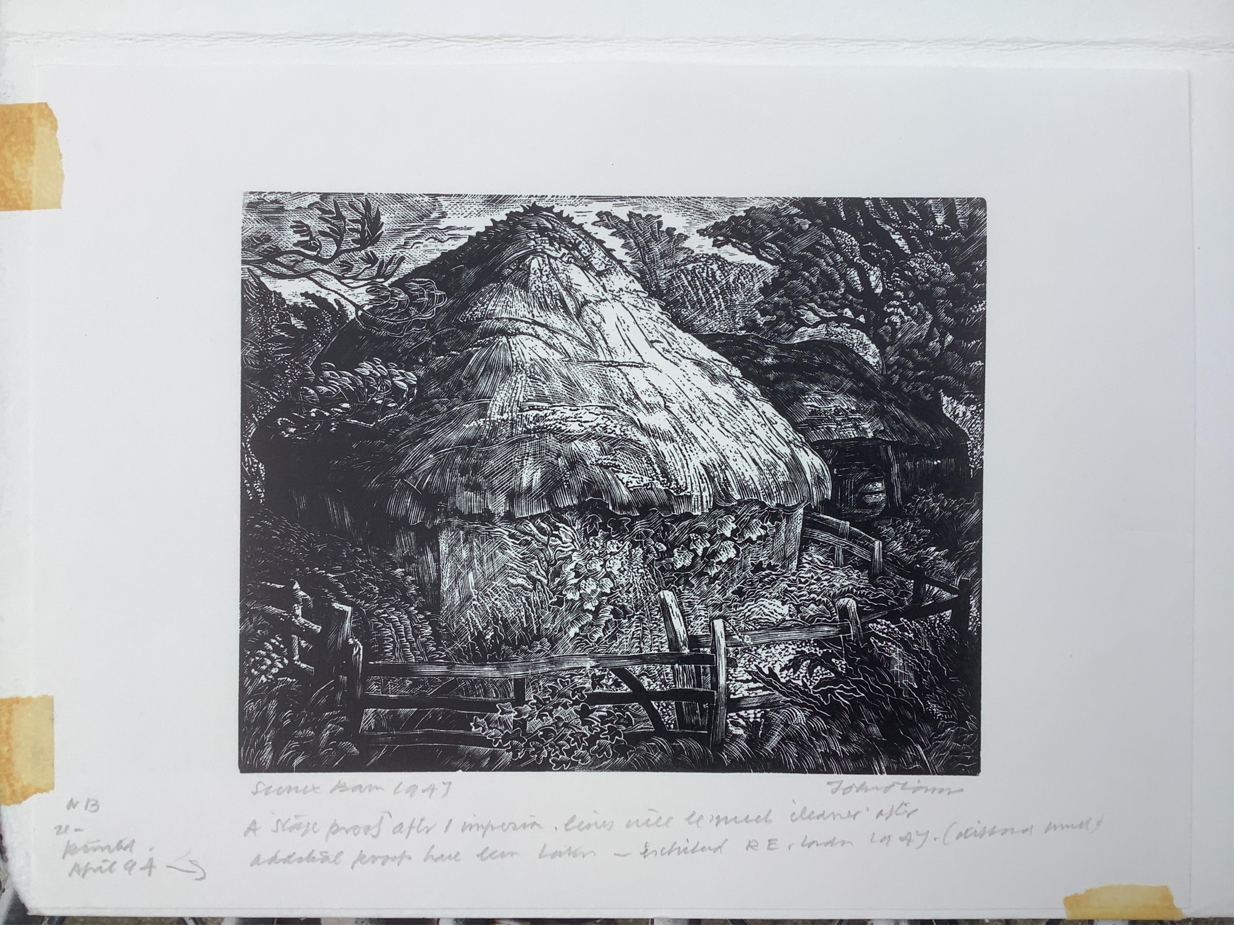 John Scorror O'Connor RWS (1913-2004), state proof after one impression, ‘Sussex Barn’, signed in pencil, 13 x 17cm, sheet 19 x 26cm, with a facsimile letter from the artist to Fay Leighton regarding the work, unframed.